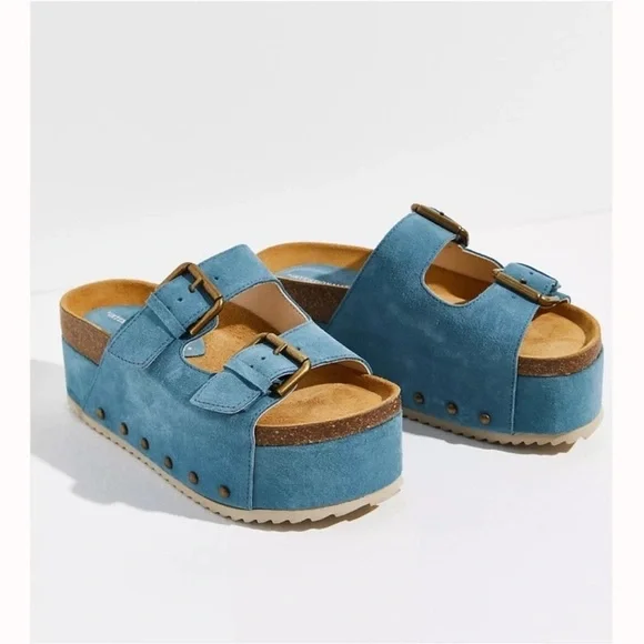 New Free People Rule Breaker Flatform Sandal Shoes Platform Suede Blue Capri 36